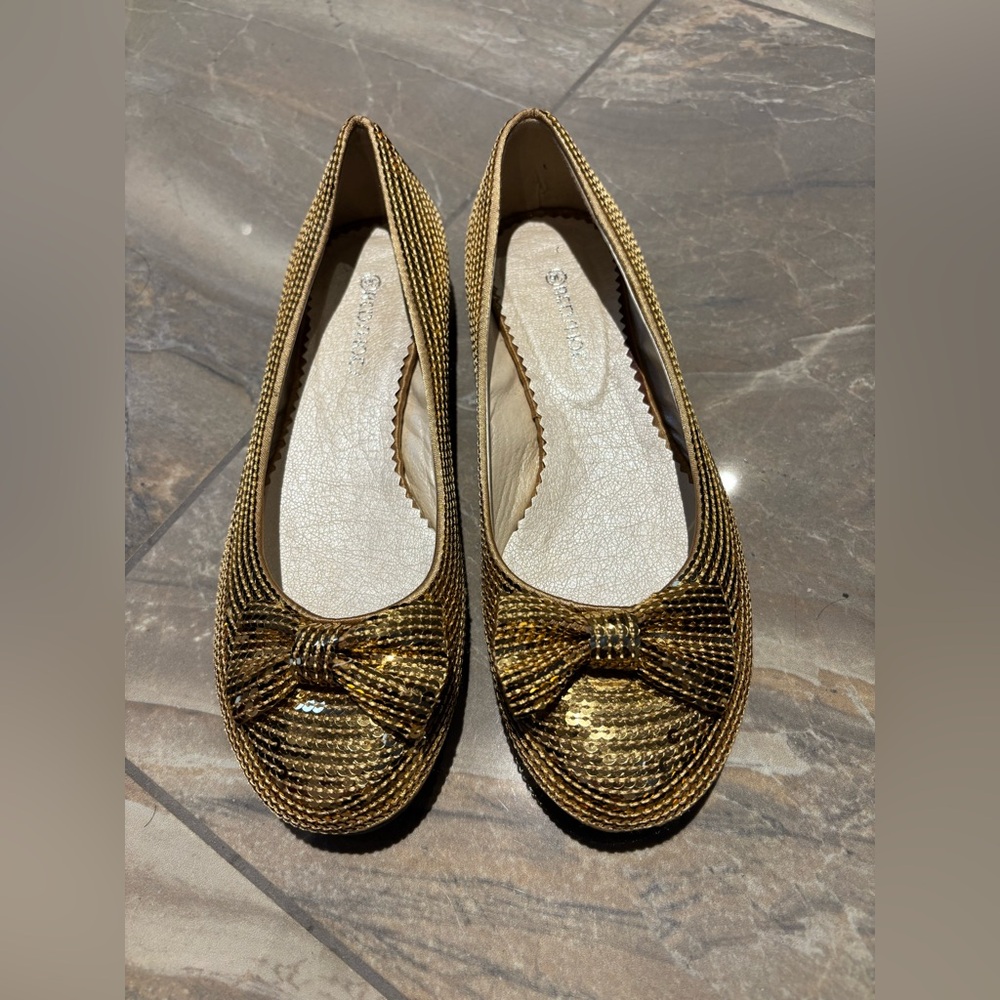 Vintage | Golden Sequin Flats with Bow Shoes Size 36